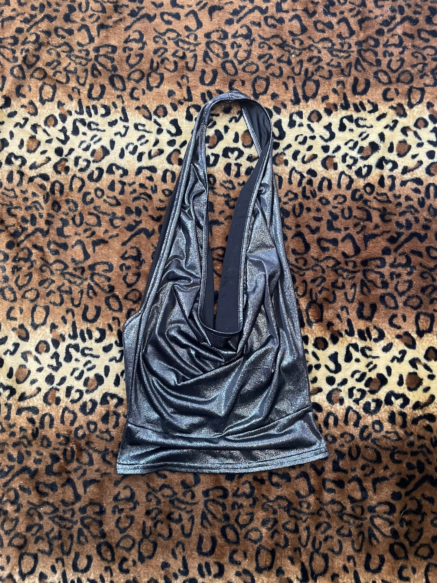 silver backless cowl neck halter top