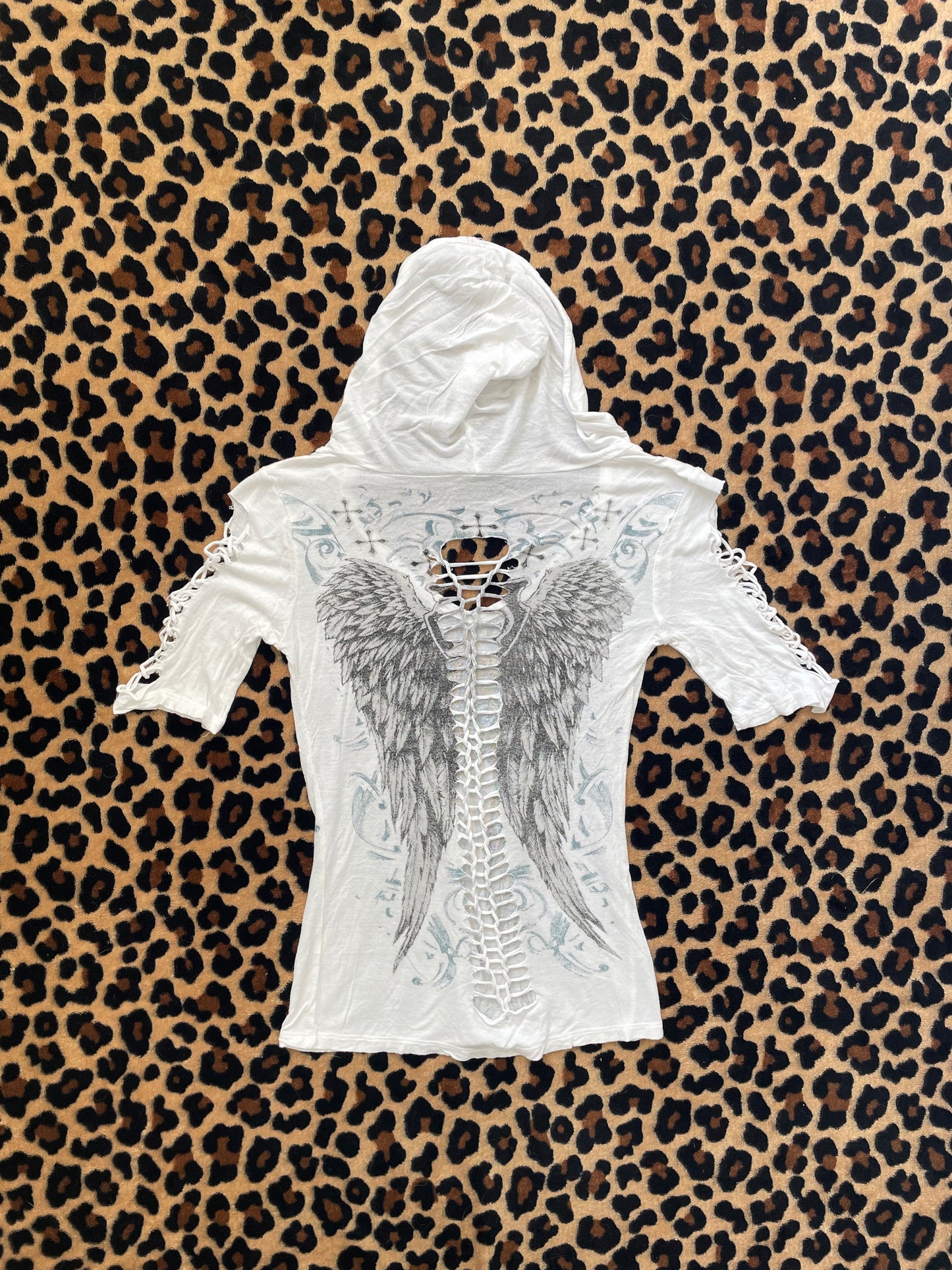 cross angel wing cut up shirt W/ hoodie