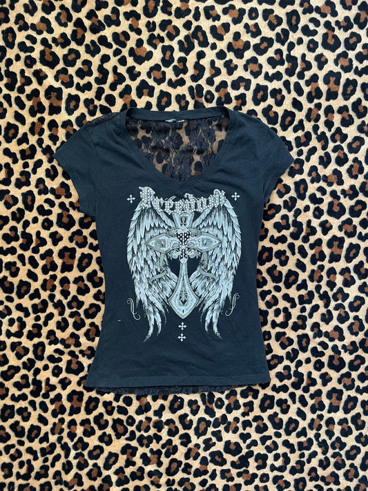 lace cross angel wing tee