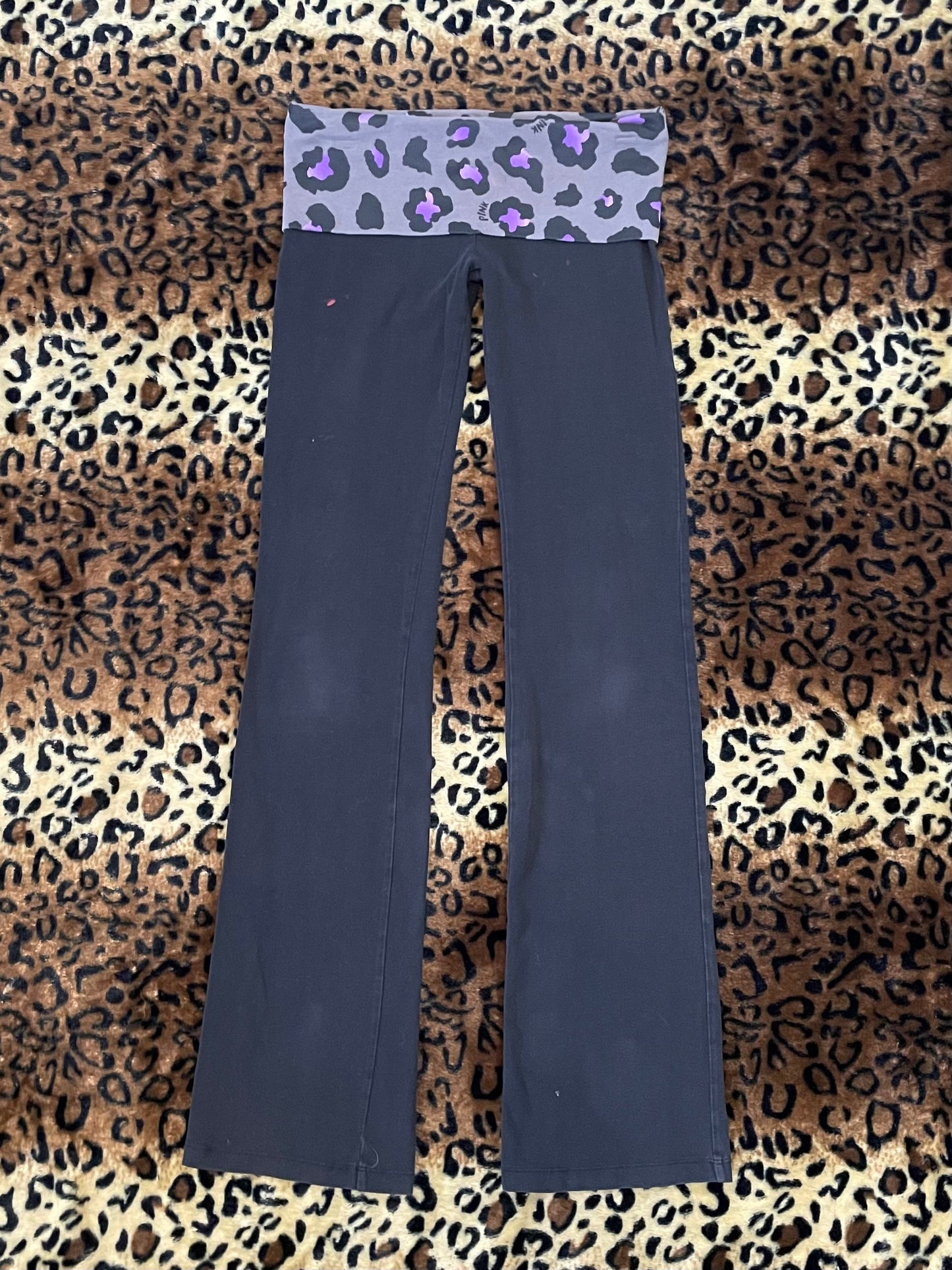 VS Pink leopard print bedazzled lowrise foldover flare leggings