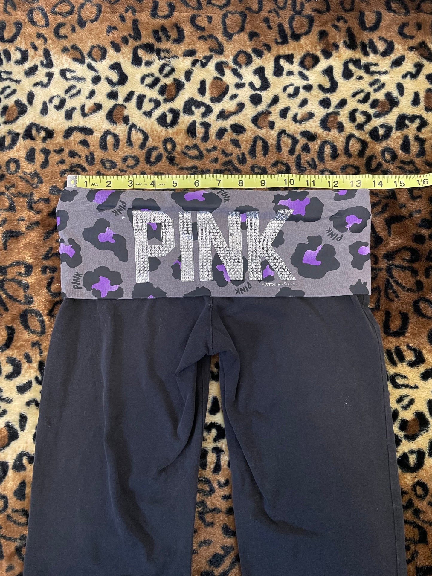 VS Pink leopard print bedazzled lowrise foldover flare leggings