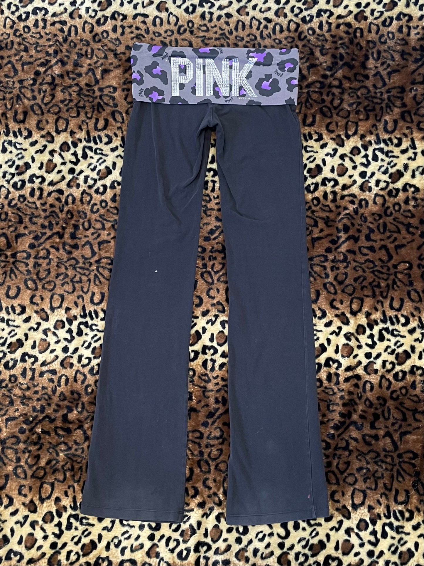 VS Pink leopard print bedazzled lowrise foldover flare leggings