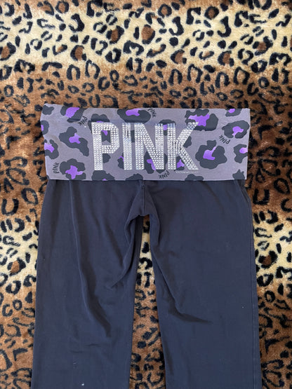 VS Pink leopard print bedazzled lowrise foldover flare leggings