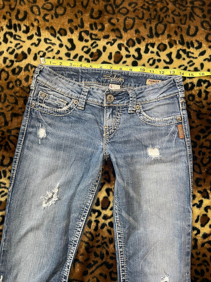 silver lowrise distressed jeans