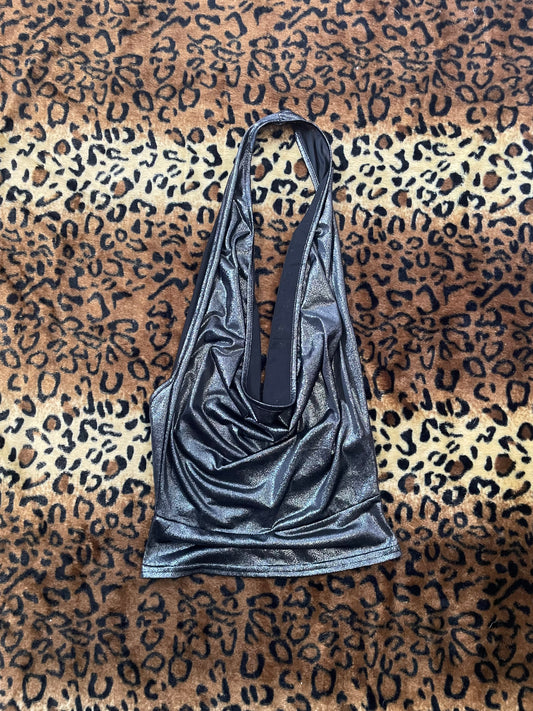 silver backless cowl neck halter top