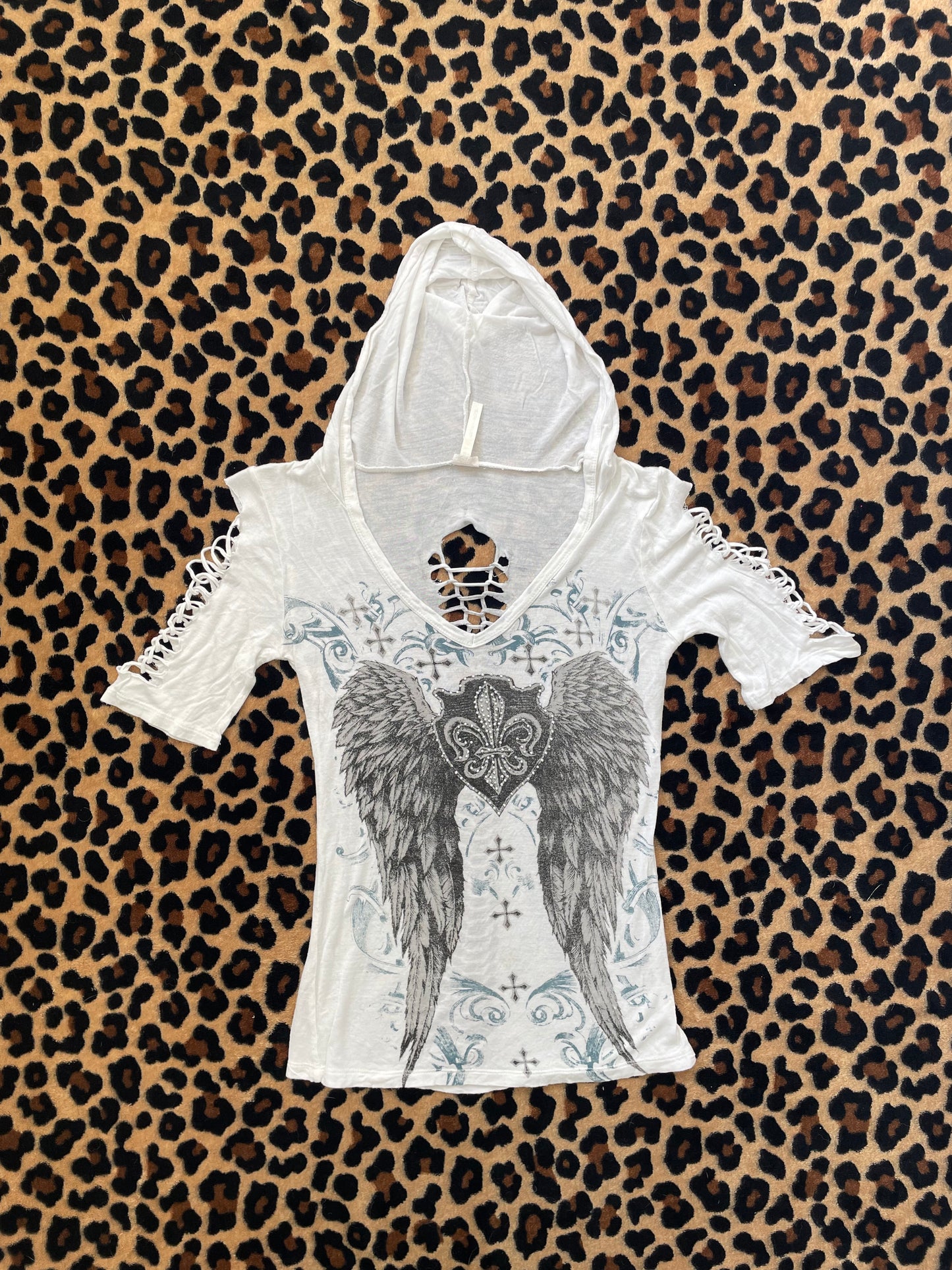 cross angel wing cut up shirt W/ hoodie