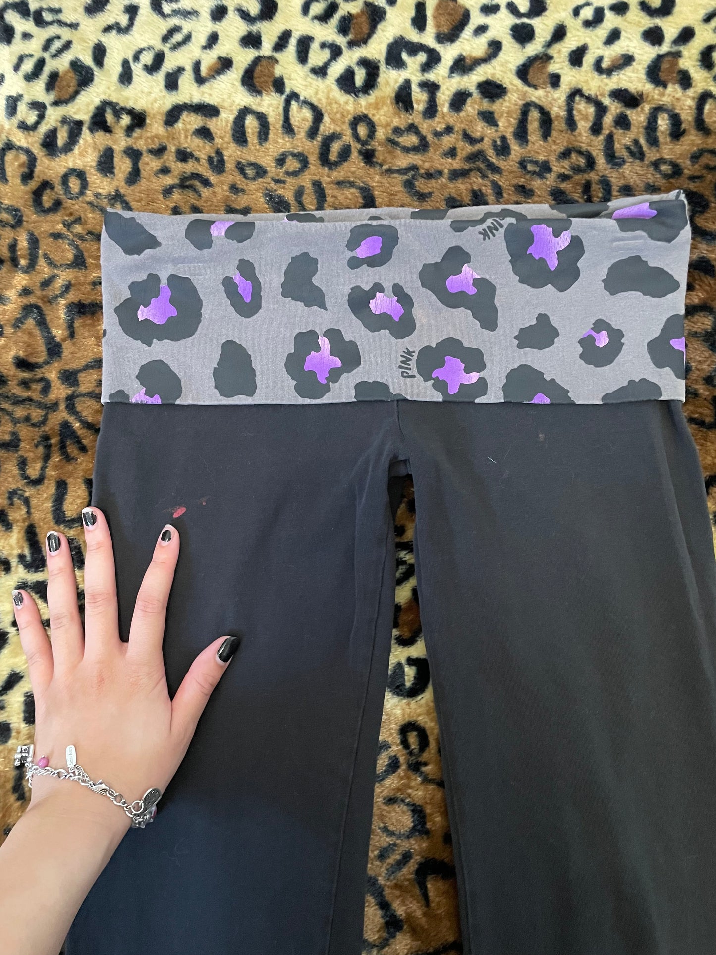 VS Pink leopard print bedazzled lowrise foldover flare leggings