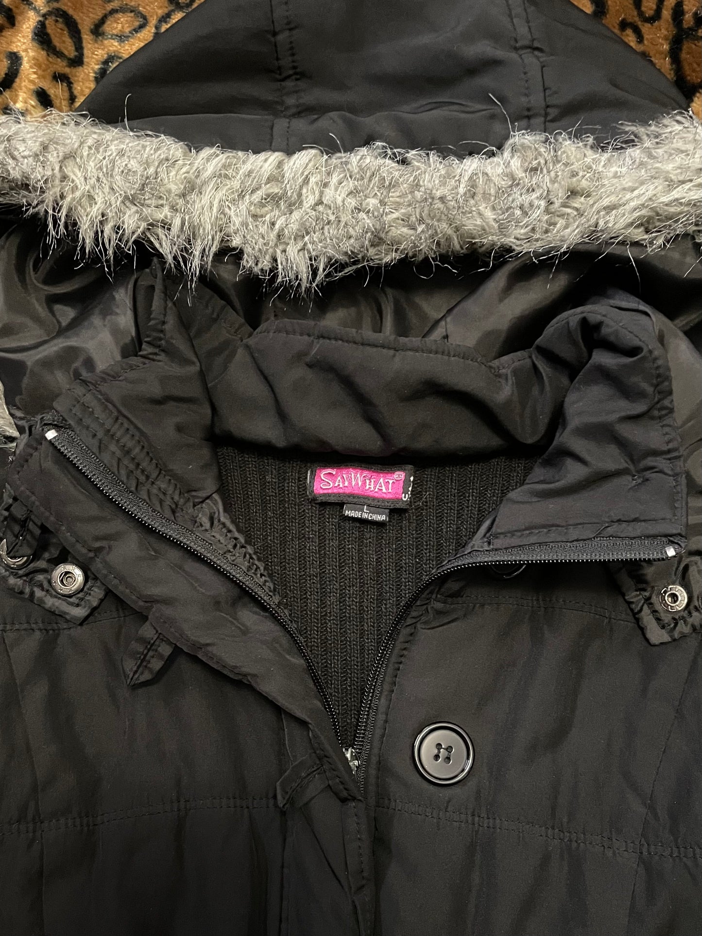 say what fitted puffer w fur trim hood